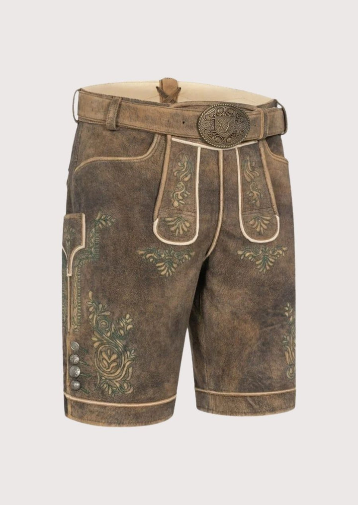 Vintage light brown Bavarian lederhosen leather shorts with classic embroidery details