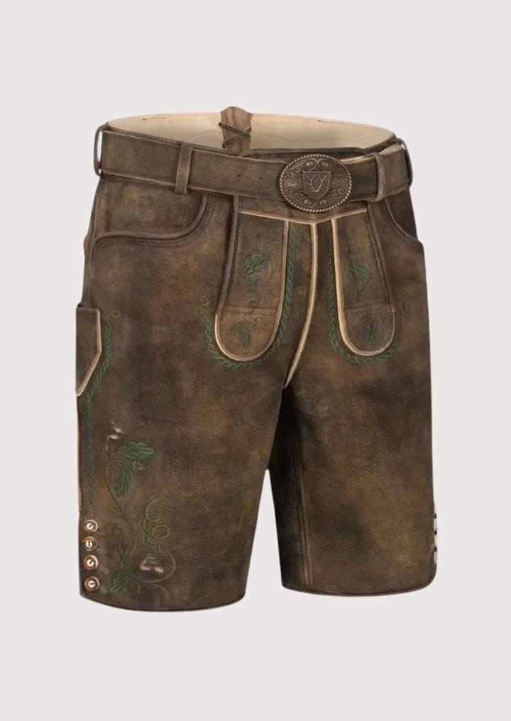 Vintage brown lederhosen with green Bavarian detail