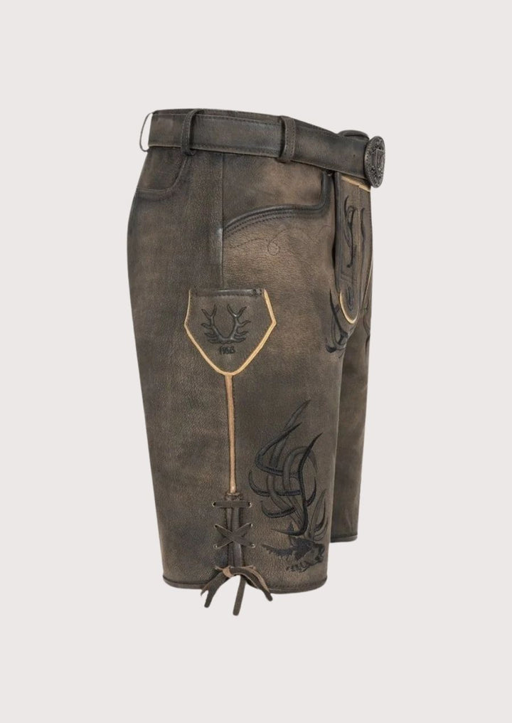 Vintage brown lederhosen ideal for Oktoberfest featuring classic leather detailing