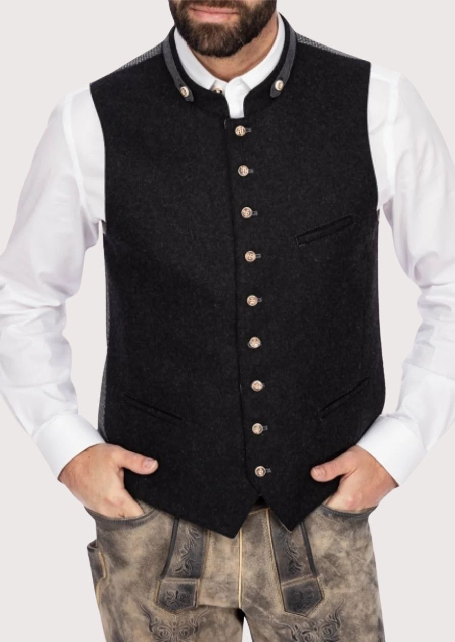 Men's Bavarian wool vest with tailored fit, ideal for Oktoberfest celebrations and festive occasions.