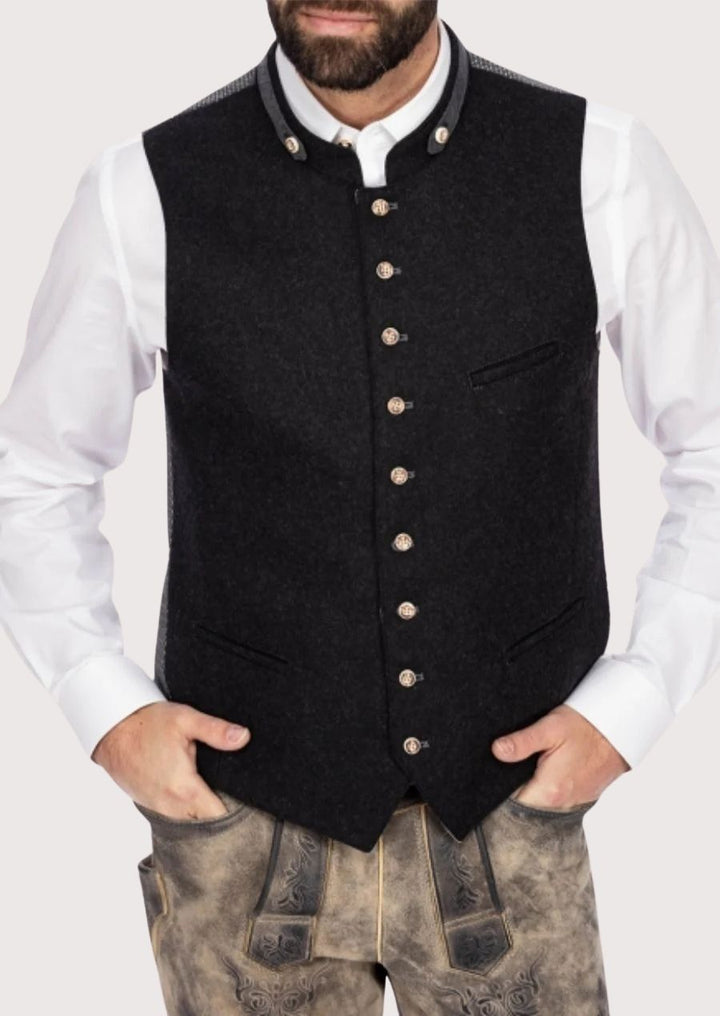Men's Bavarian wool vest with tailored fit, ideal for Oktoberfest celebrations and festive occasions.