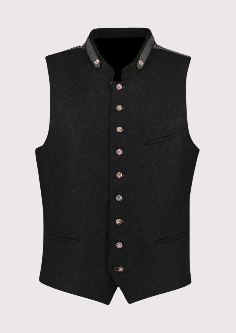 Wool Bavarian Vest – Elegant traditional design with rose-colored buttons, perfect for Oktoberfest and cultural events.